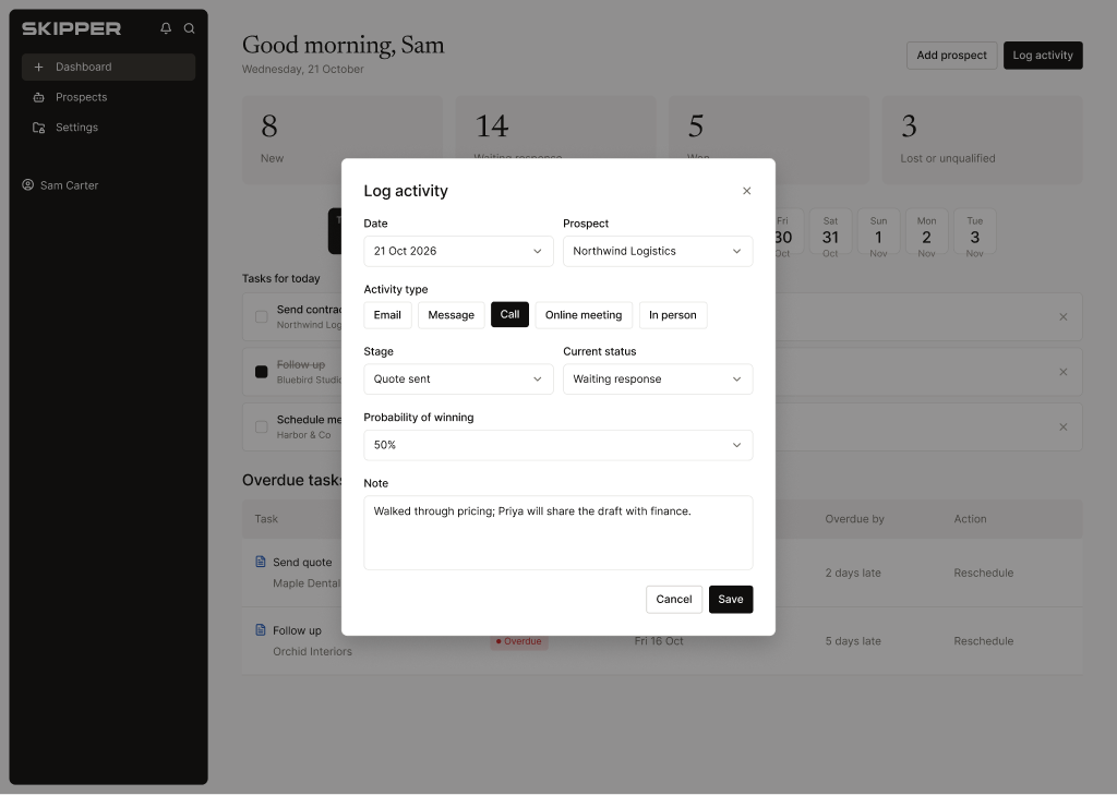 The Log activity dialog