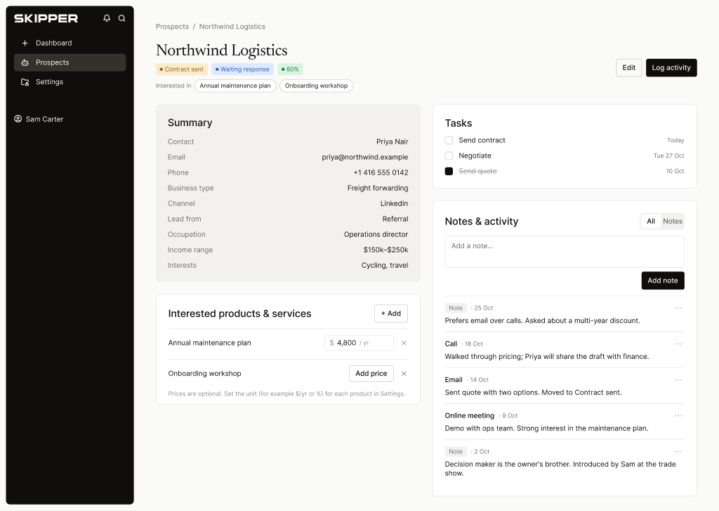 A prospect page with summary, tasks and activity